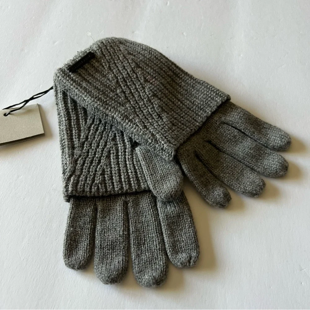 ALLSAINTS WOMENS TRAVELING RIB FOLDOVER CUFF KNIT GLOVES WOOL BLEND GRAY OS NWT